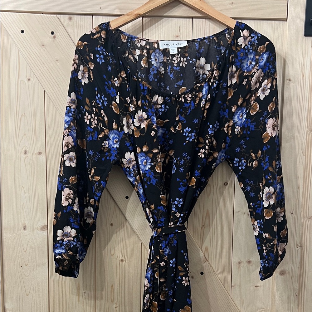 Amour Vert 100% Silk Black, Blue, & Sepia Floral Midi Dress L
